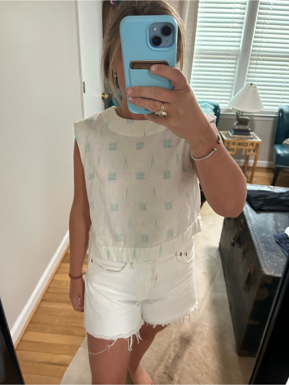 Julia Amory White Sleeveless Top with Light Blue Pattern